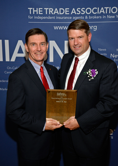 Bob Zak, President and CEO of Merchants Insurance Group receives award from R. Todd Rockefeller, past IIABNY Chair of the Board, and Partner at Derosa Rockefeller Sohigian & Werdal