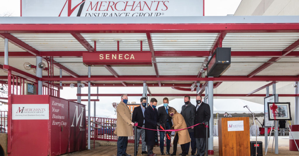 Merchants Insurance Group and the NFTA unveil recently renovated Metro Rail stations at Main near Seneca streets in Buffalo, NY as part of Buffalo'[s resurgence.