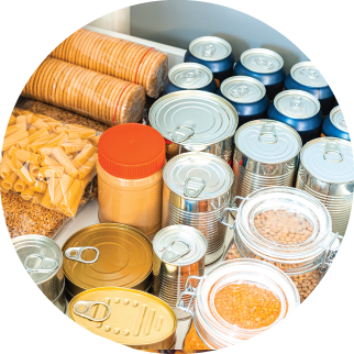 non-perishable food in a drawer such as pasta and canned food