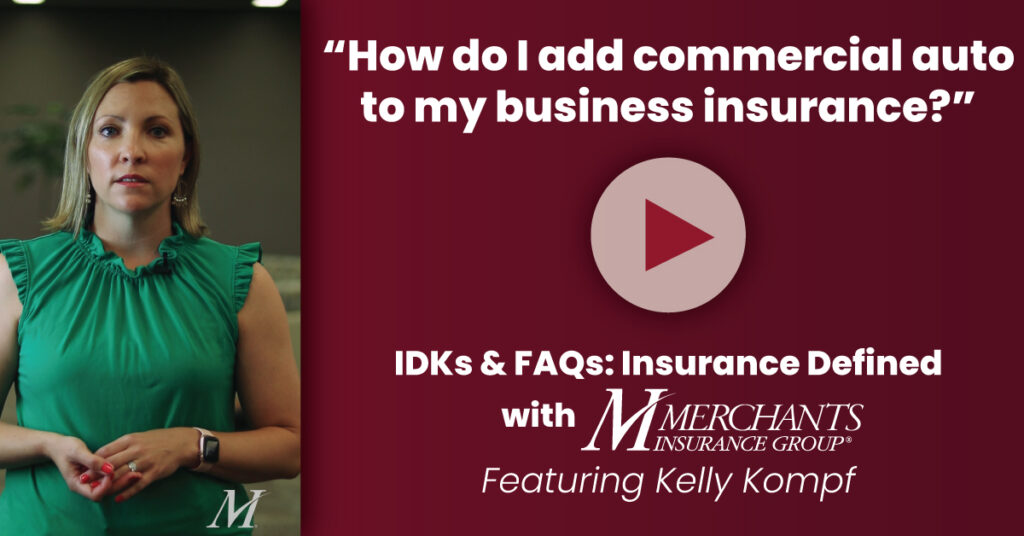 Screenshot of Kelly Kompf answering "how do I add commercial auto coverage to my business insurance?"