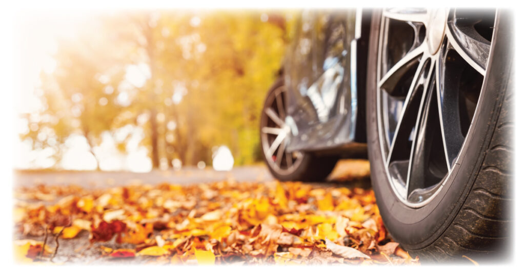 photo of car driving over leaves, zoomed into tires; car is driving safely on halloween, practicing driver safety and pedestrian safety