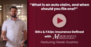screenshot from episode 4 of IDKs & FAQs; text reads, "What is an auto claim, and when should you file one?"