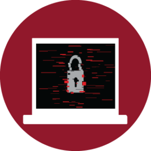 ransomware circle graphic - laptop computer with maroon background