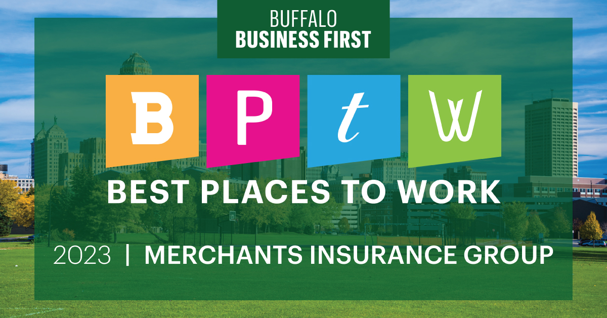 Text reads "Best Places to Work - 2023 | Merchants Insurance Group" over image of Buffalo, New York