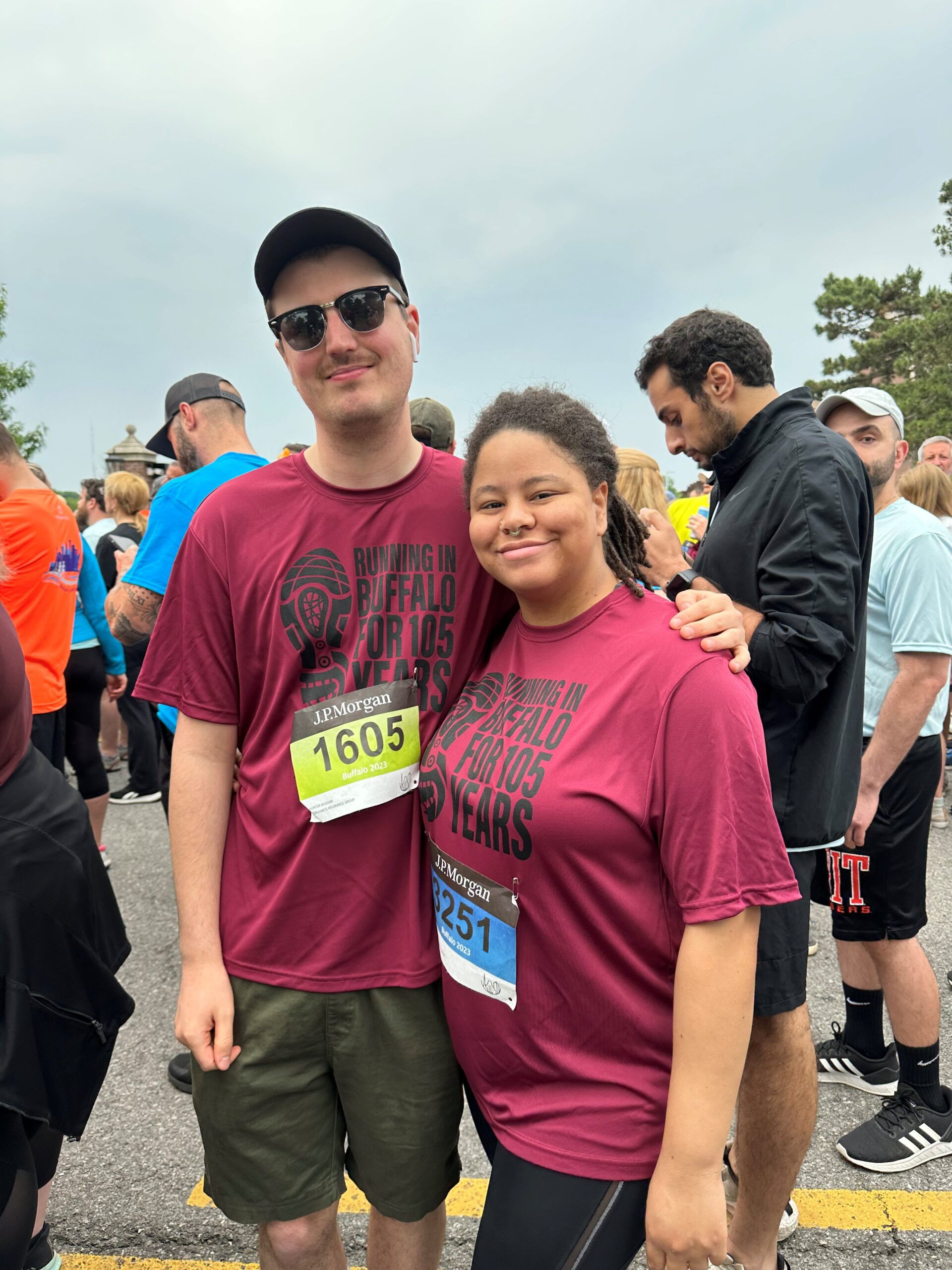 Merchants colleague Kyra-Jade Lewis and guest Hunter Bogdan smile before beginning the Corporate Challenge!