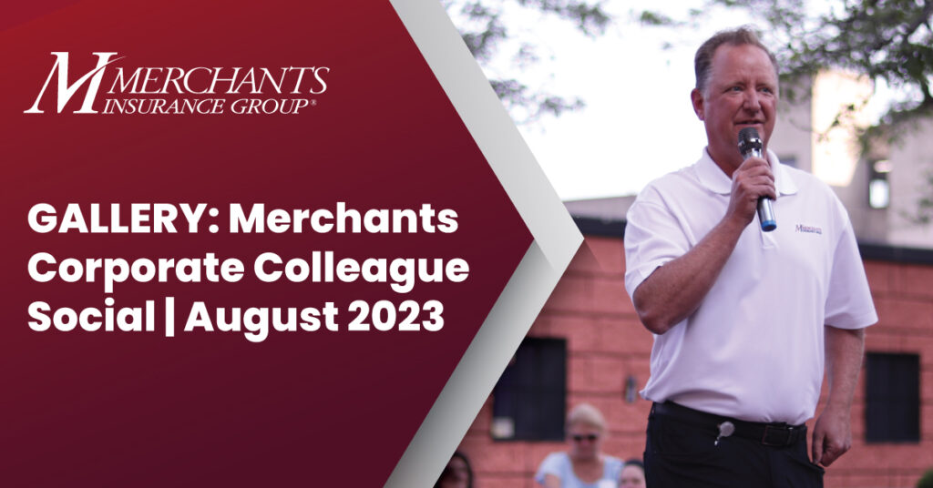 Text reads "GALLERY: Merchants Corporate Colleague Social | August 2023" with photo of Charles Makey speaking into microphone