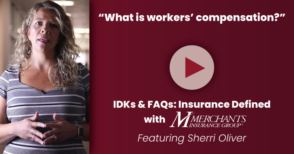 Screenshot of Sherri Oliver in IDKs & FAQs episode. Text reads, "what is workers' compensation?"