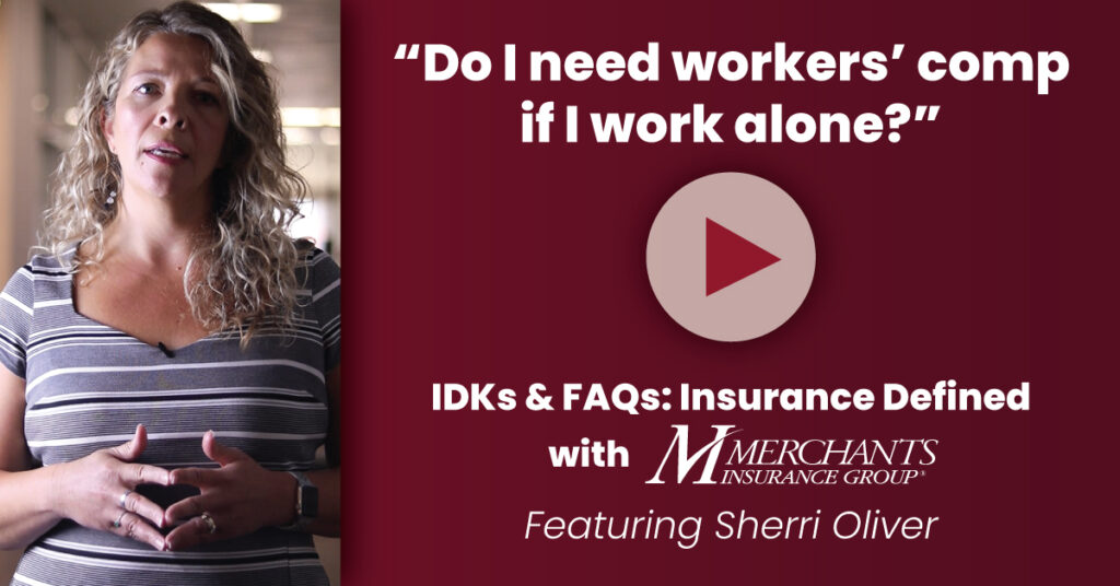 screenshot of Sherri Oliver speaking, caption reads "Do I need workers' comp if I work alone?"