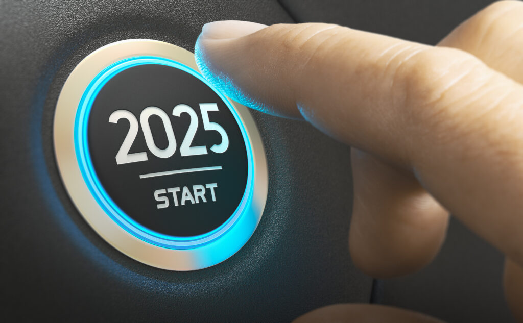 Finger pressing a car ignition button with the text 2025 start. Year two thousand and twenty five concept. Composite image between a hand photography and a 3D background.