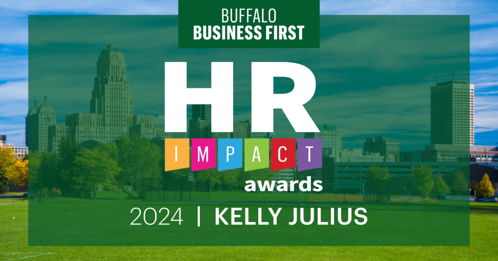 HR Impact Award badge: Business First and HR Impact awards logos over backdrop of Buffalo, NY