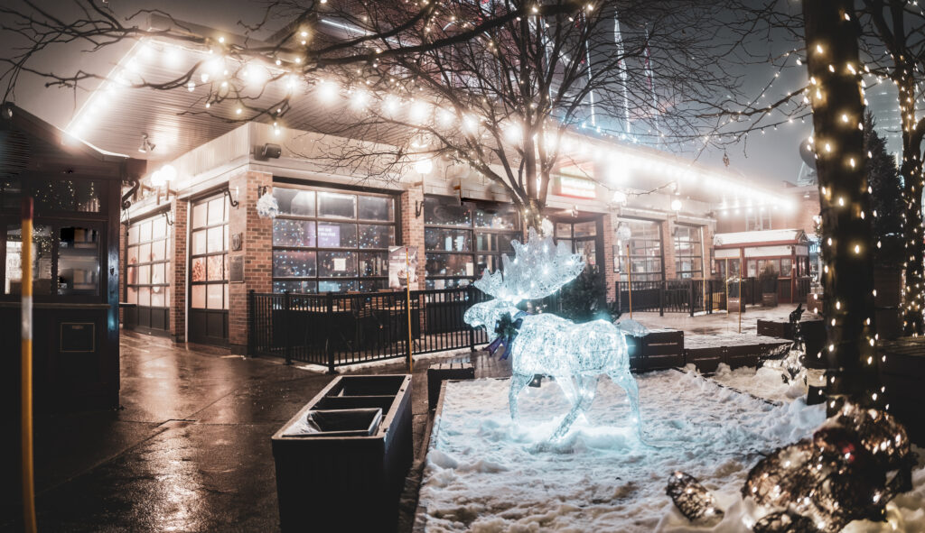 Winter weather at restaurant, lights in trees, snow on the ground