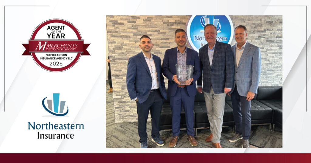 Merchants Insurance Group's Agent of the Year logo badge, Northeastern Insurance logo, and group photo of Merchants and Northeastern on textured background