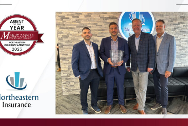 Merchants Insurance Group's Agent of the Year logo badge, Northeastern Insurance logo, and group photo of Merchants and Northeastern on textured background