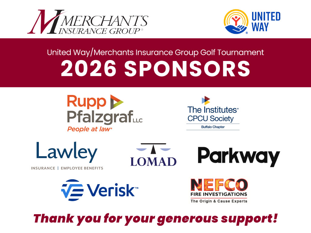 United Way/Merchants Insurance Group Golf Tournament 2026 sponsor logos on white background. Text reads "Thank you for your generous support!"